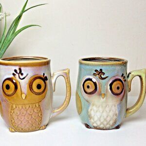 Owl Mug Tea Coffee Cup Pair (2) VTG Gibson Stoneware 12oz Pottery Raised Detail